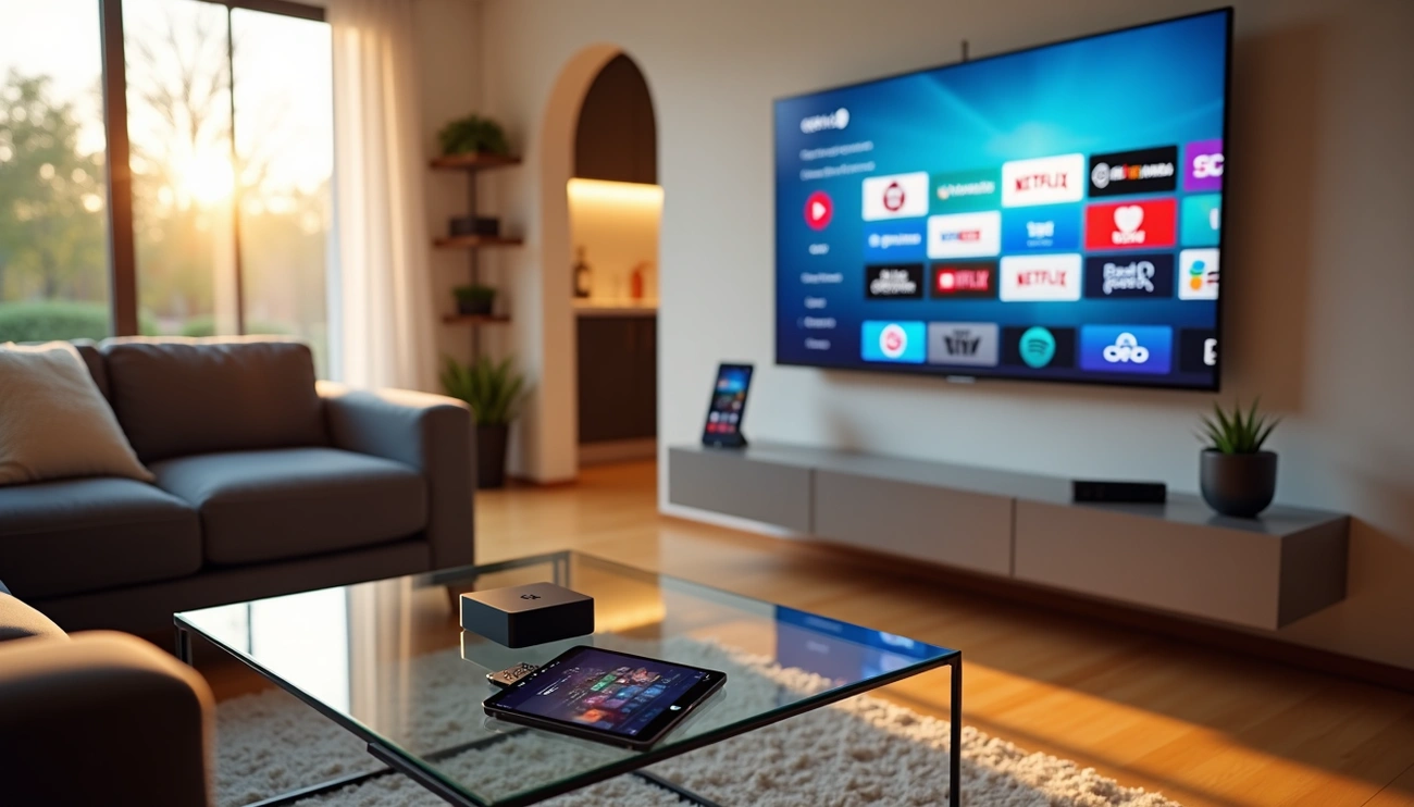 Modern living room with a smart TV displaying streaming apps and a tablet on a glass coffee table.